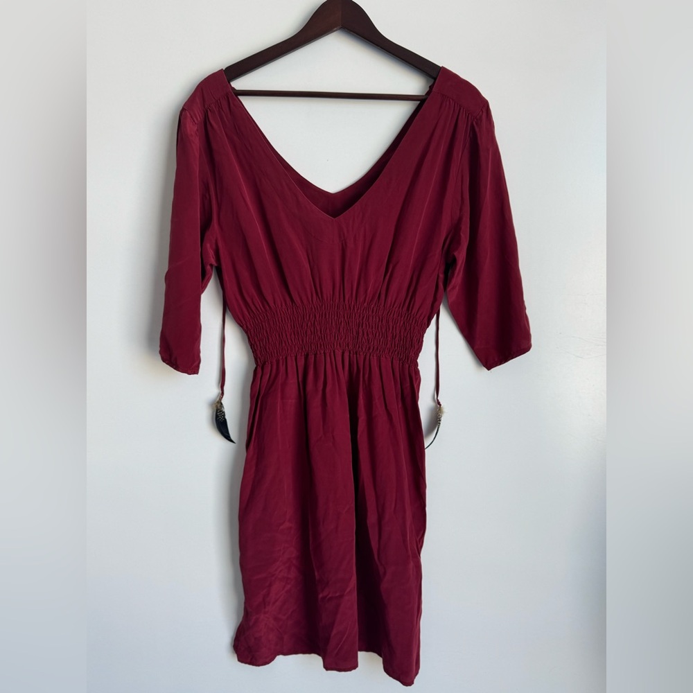 Anthropologie Postella Red Burgundy Large 100% silk women deep v feminine flare